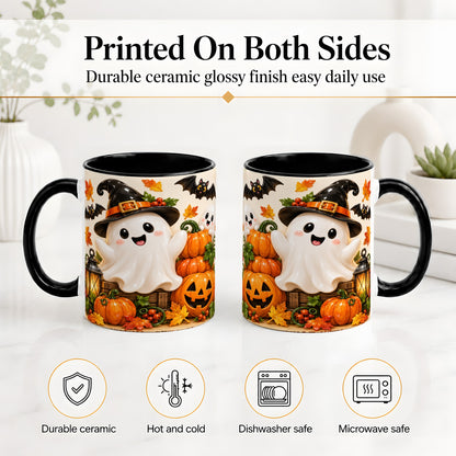#pl[11oz|Black] Cute Halloween Ghost Accent Mug, Mug with Pumpkin Autumn Artwork