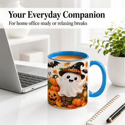 #pl[11oz|Blue] Cute Halloween Ghost Accent Mug, Mug with Pumpkin Autumn Artwork