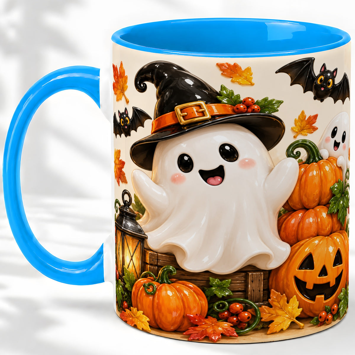 #pl[11oz|Blue] Cute Halloween Ghost Accent Mug, Mug with Pumpkin Autumn Artwork