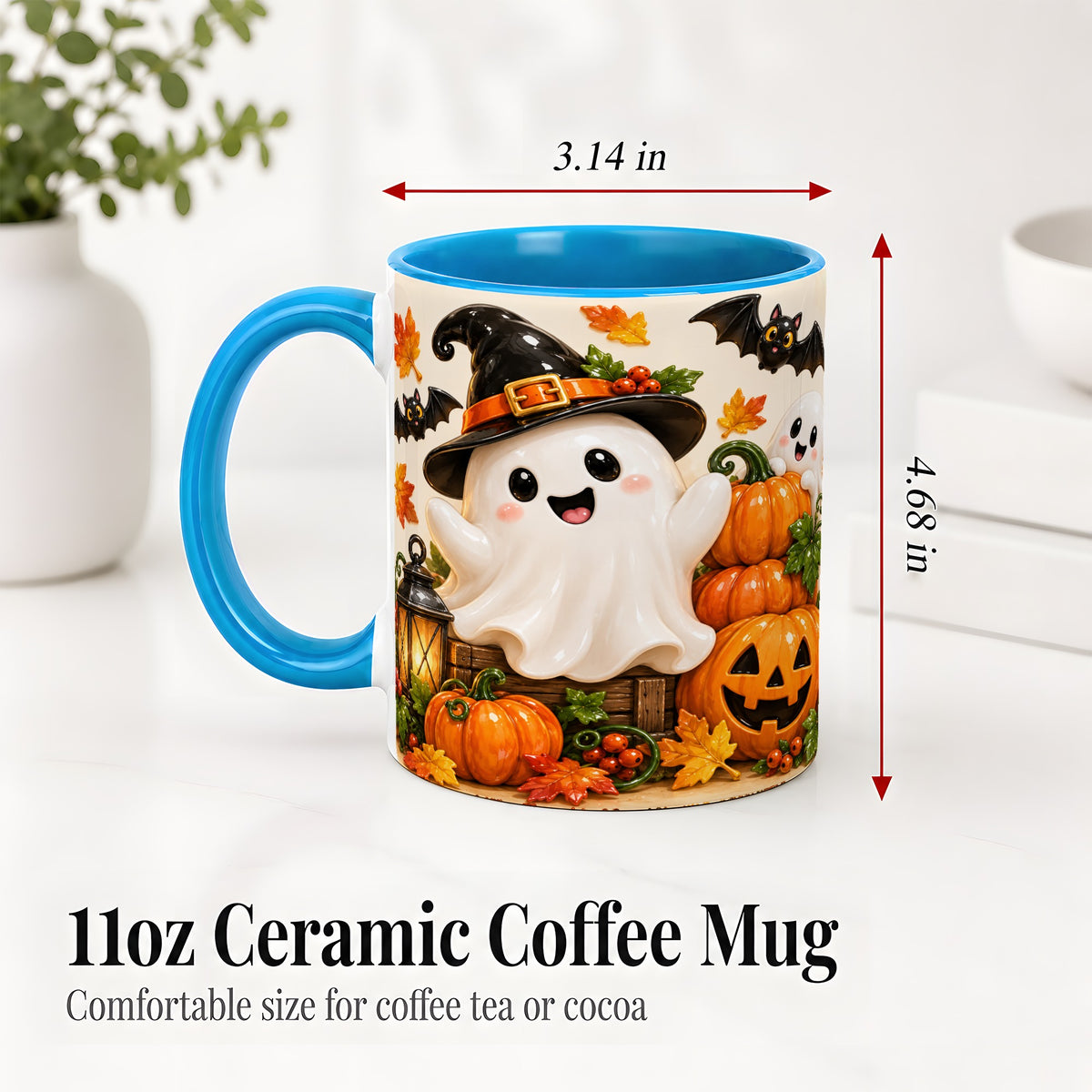 #pl[11oz|Blue] Cute Halloween Ghost Accent Mug, Mug with Pumpkin Autumn Artwork
