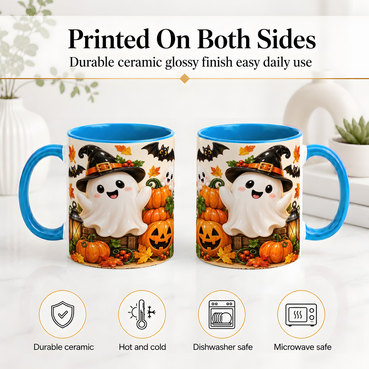 #pl[11oz|Blue] Cute Halloween Ghost Accent Mug, Mug with Pumpkin Autumn Artwork