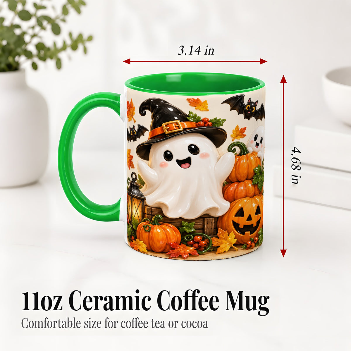 #pl[11oz|Green] Cute Halloween Ghost Accent Mug, Mug with Pumpkin Autumn Artwork