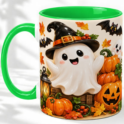 #pl[11oz|Green] Cute Halloween Ghost Accent Mug, Mug with Pumpkin Autumn Artwork