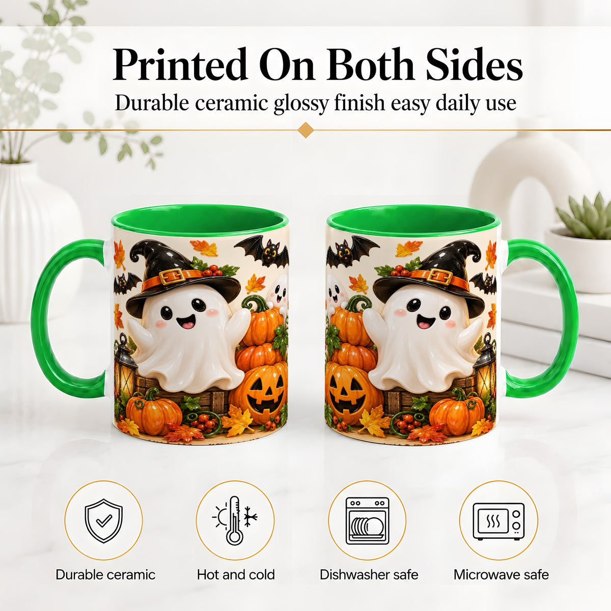 #pl[11oz|Green] Cute Halloween Ghost Accent Mug, Mug with Pumpkin Autumn Artwork