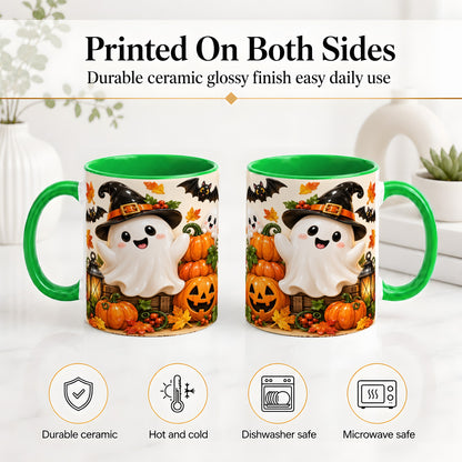 #pl[11oz|Green] Cute Halloween Ghost Accent Mug, Mug with Pumpkin Autumn Artwork