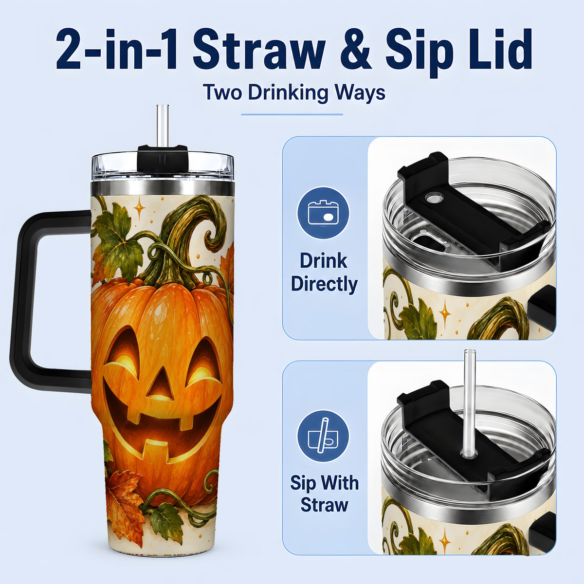 #pl[40oz|Black] Jack-O-Lantern Pumpkin 40oz Tumbler, Stainless Steel Autumn Drinkware