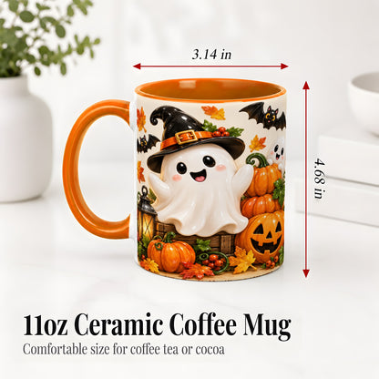 #pl[11oz|Orange] Cute Halloween Ghost Accent Mug, Mug with Pumpkin Autumn Artwork