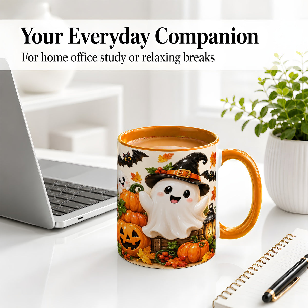 #pl[11oz|Orange] Cute Halloween Ghost Accent Mug, Mug with Pumpkin Autumn Artwork