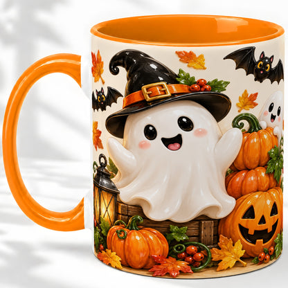 #pl[11oz|Orange] Cute Halloween Ghost Accent Mug, Mug with Pumpkin Autumn Artwork