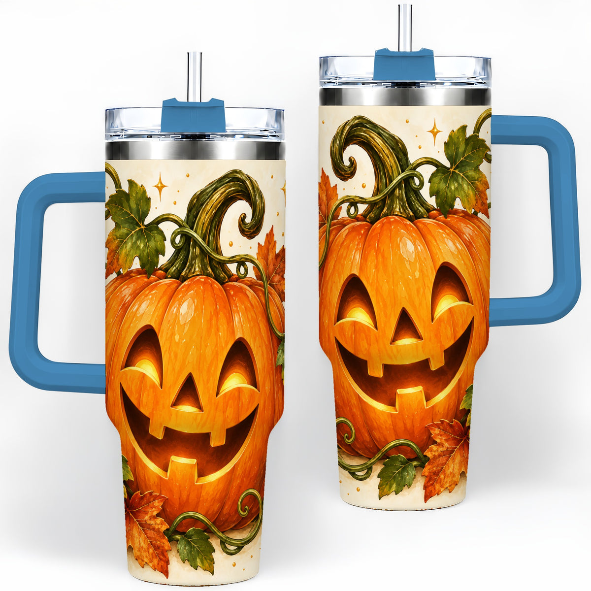 #pl[40oz|Blue] Jack-O-Lantern Pumpkin 40oz Tumbler, Stainless Steel Autumn Drinkware