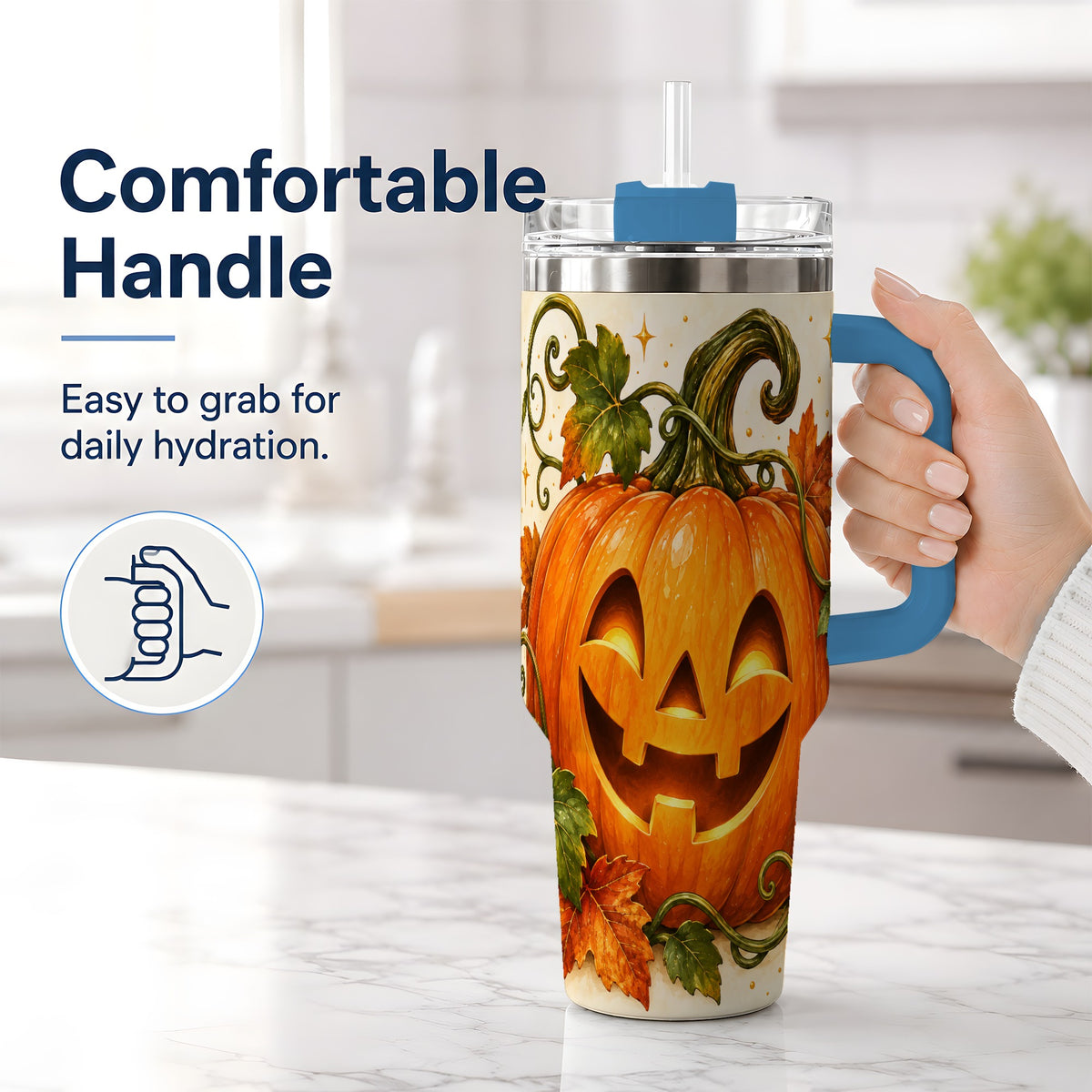 #pl[40oz|Blue] Jack-O-Lantern Pumpkin 40oz Tumbler, Stainless Steel Autumn Drinkware