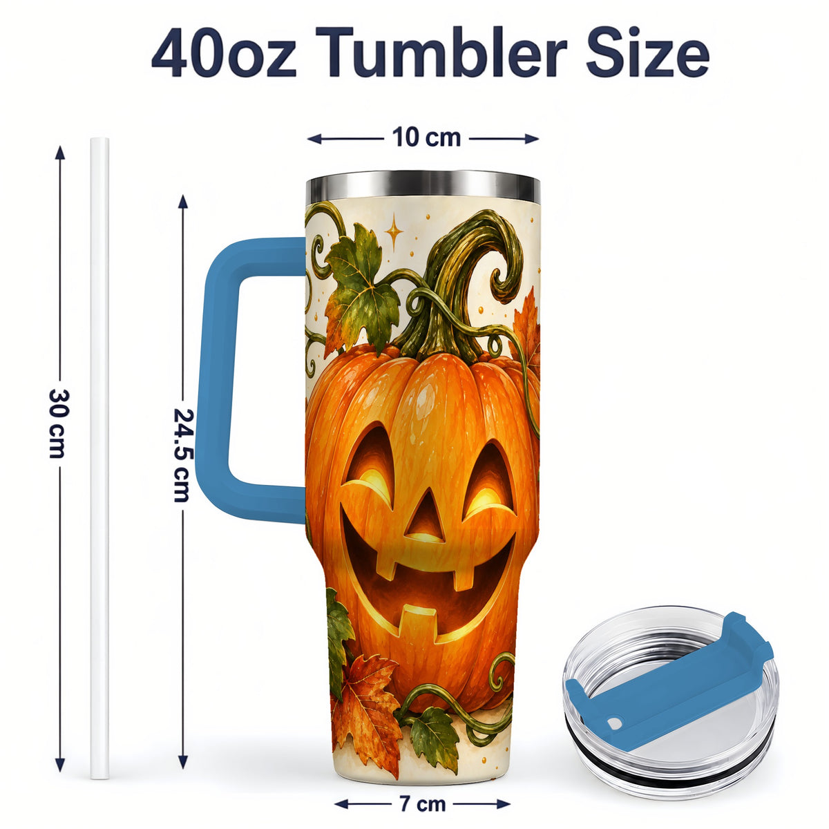 #pl[40oz|Blue] Jack-O-Lantern Pumpkin 40oz Tumbler, Stainless Steel Autumn Drinkware
