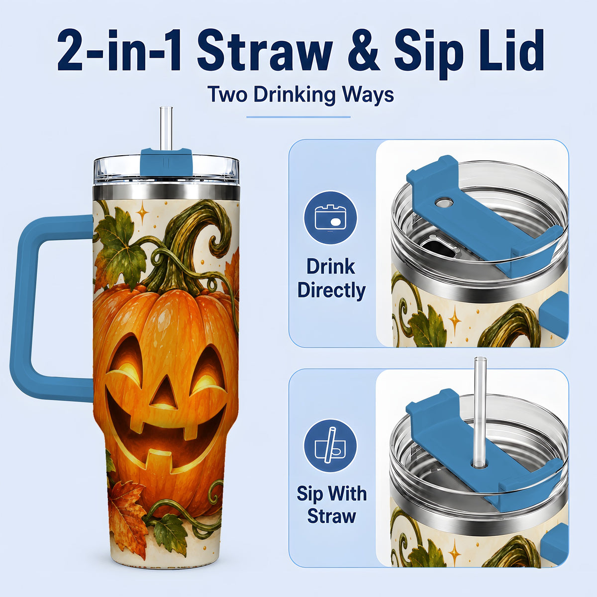 #pl[40oz|Blue] Jack-O-Lantern Pumpkin 40oz Tumbler, Stainless Steel Autumn Drinkware