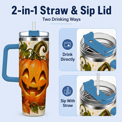 #pl[40oz|Blue] Jack-O-Lantern Pumpkin 40oz Tumbler, Stainless Steel Autumn Drinkware