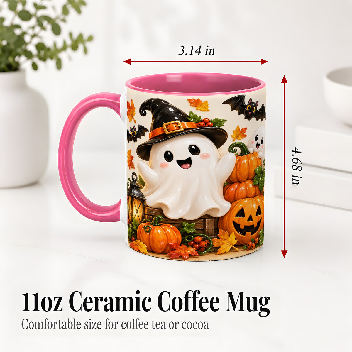 #pl[11oz|Pink] Cute Halloween Ghost Accent Mug, Mug with Pumpkin Autumn Artwork
