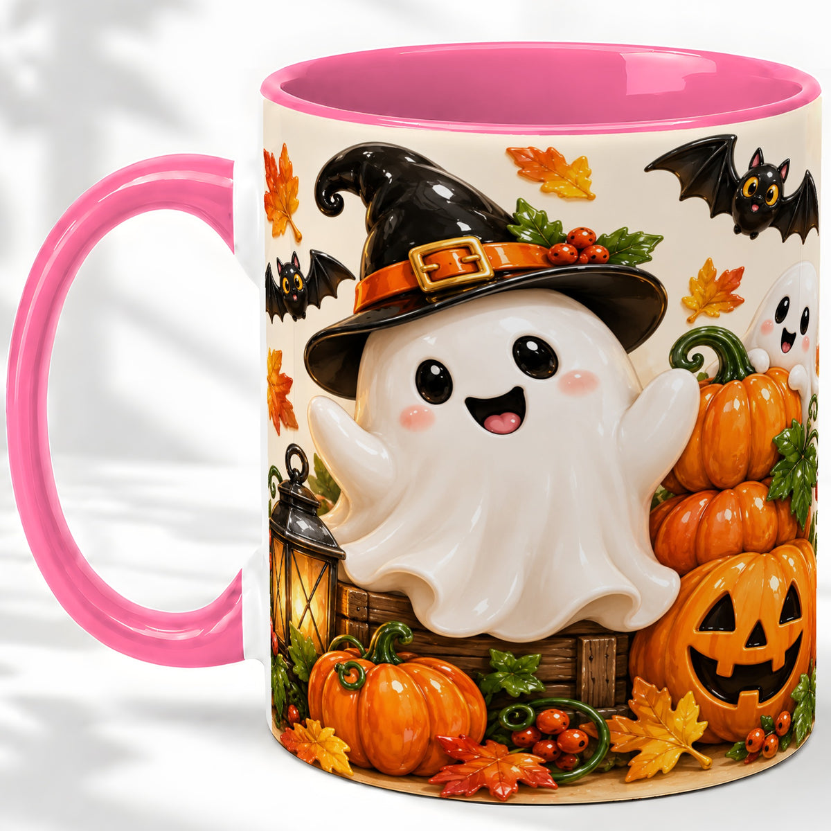 #pl[11oz|Pink] Cute Halloween Ghost Accent Mug, Mug with Pumpkin Autumn Artwork