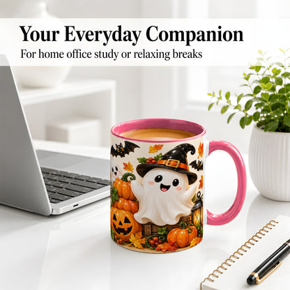 #pl[11oz|Pink] Cute Halloween Ghost Accent Mug, Mug with Pumpkin Autumn Artwork