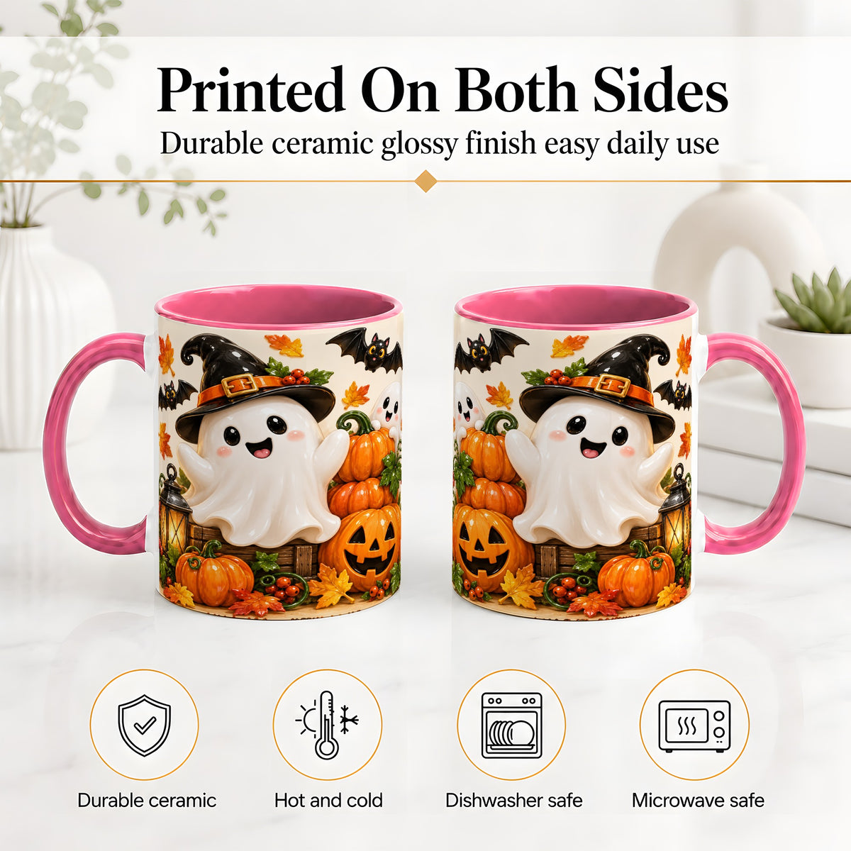 #pl[11oz|Pink] Cute Halloween Ghost Accent Mug, Mug with Pumpkin Autumn Artwork