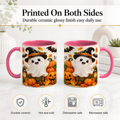 #pl[11oz|Pink] Cute Halloween Ghost Accent Mug, Mug with Pumpkin Autumn Artwork