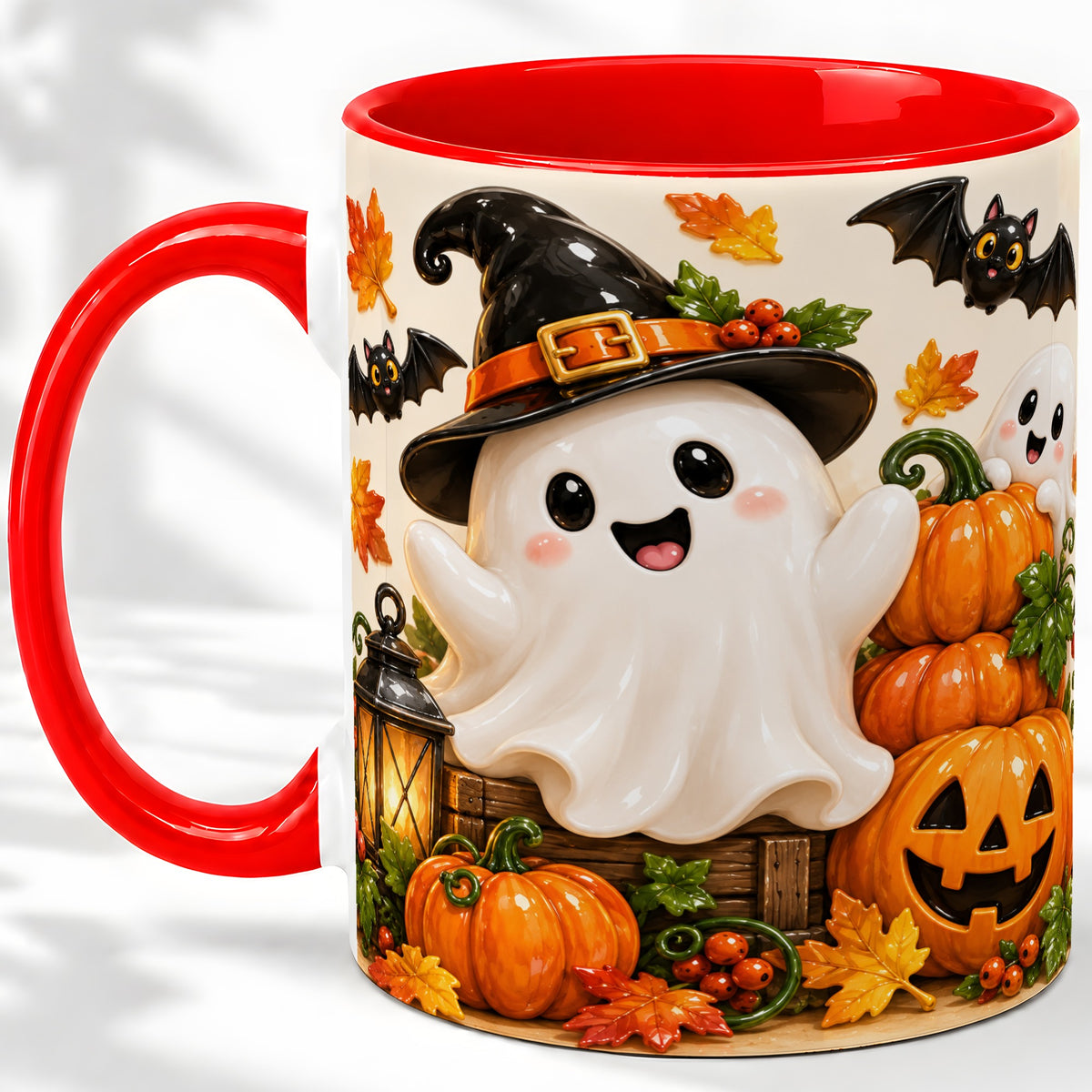 Cute Halloween Ghost Accent Mug, Mug with Pumpkin Autumn Artwork