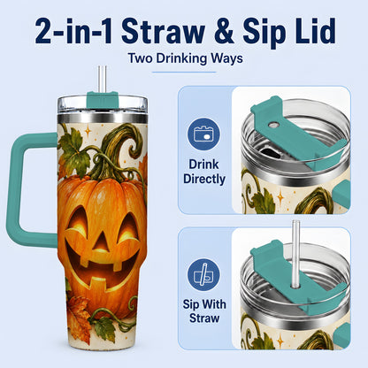 #pl[40oz|Green] Jack-O-Lantern Pumpkin 40oz Tumbler, Stainless Steel Autumn Drinkware