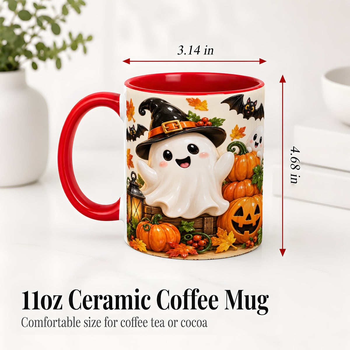 #pl[11oz|Red] Cute Halloween Ghost Accent Mug, Mug with Pumpkin Autumn Artwork