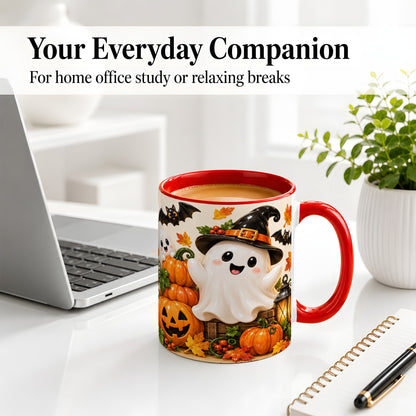 #pl[11oz|Red] Cute Halloween Ghost Accent Mug, Mug with Pumpkin Autumn Artwork