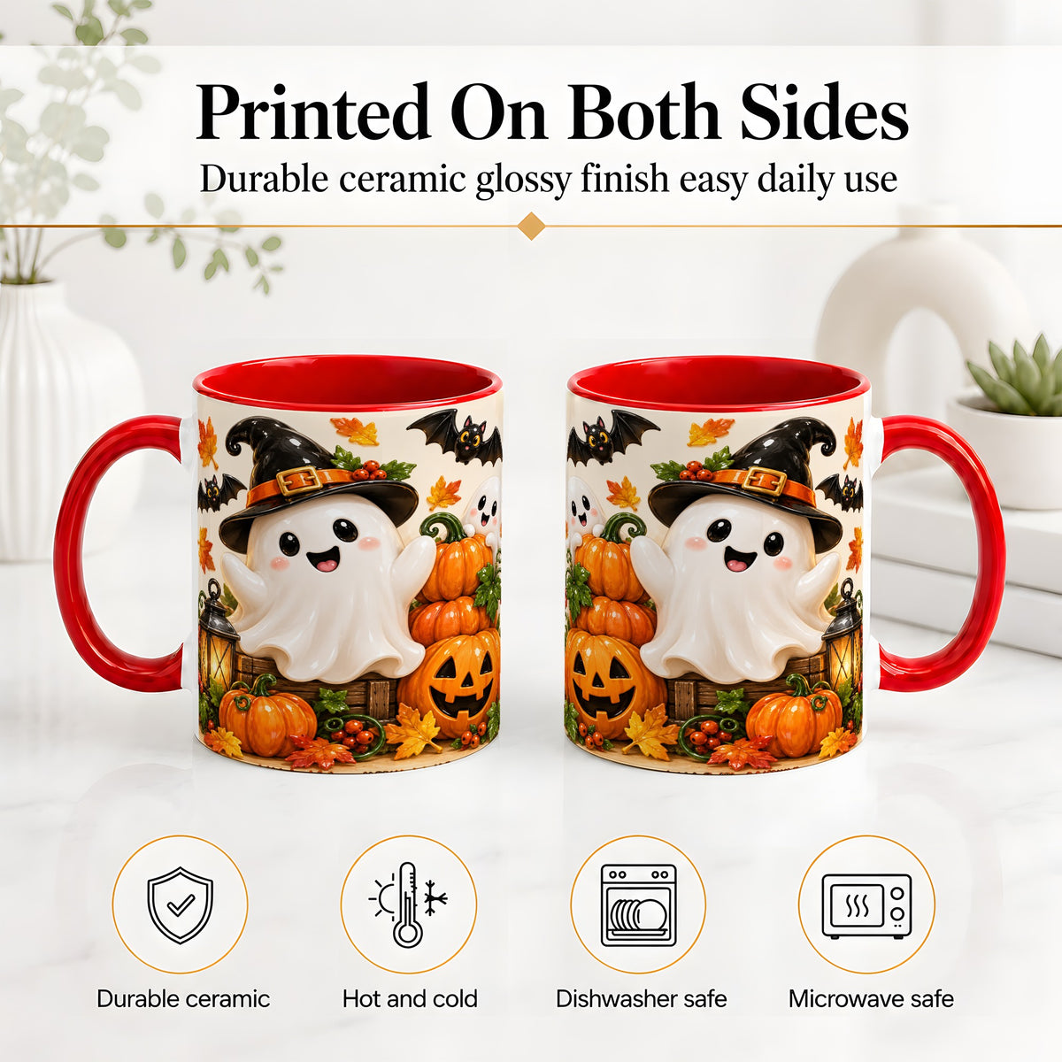 #pl[11oz|Red] Cute Halloween Ghost Accent Mug, Mug with Pumpkin Autumn Artwork
