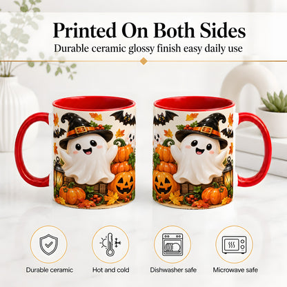 #pl[11oz|Red] Cute Halloween Ghost Accent Mug, Mug with Pumpkin Autumn Artwork