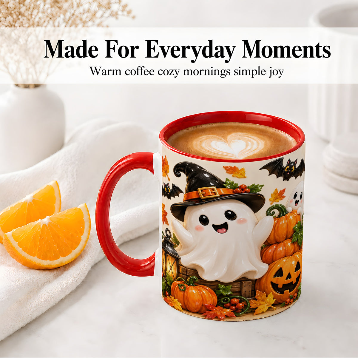 #pl[11oz|Red] Cute Halloween Ghost Accent Mug, Mug with Pumpkin Autumn Artwork