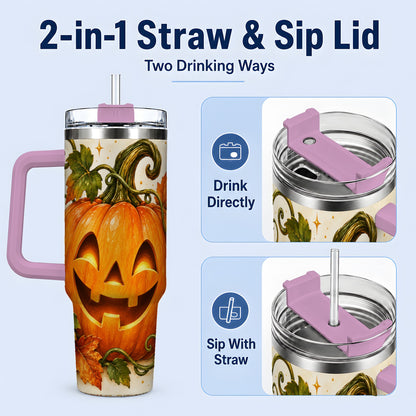 #pl[40oz|Pink] Jack-O-Lantern Pumpkin 40oz Tumbler, Stainless Steel Autumn Drinkware