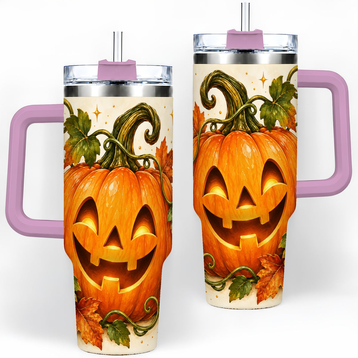 #pl[40oz|Pink] Jack-O-Lantern Pumpkin 40oz Tumbler, Stainless Steel Autumn Drinkware