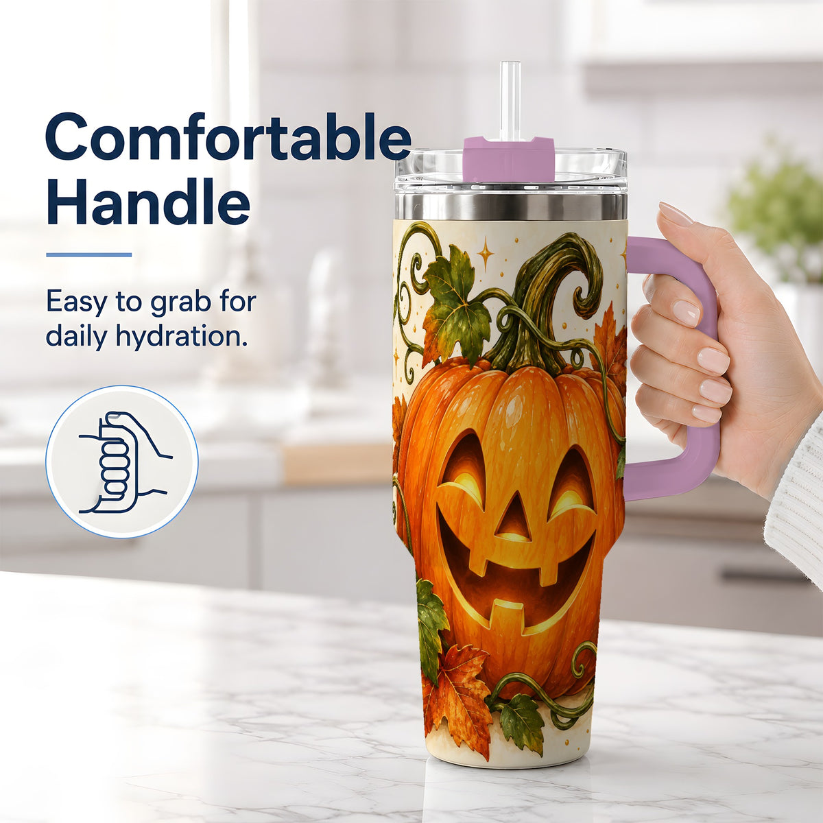 #pl[40oz|Pink] Jack-O-Lantern Pumpkin 40oz Tumbler, Stainless Steel Autumn Drinkware