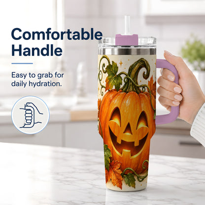 #pl[40oz|Pink] Jack-O-Lantern Pumpkin 40oz Tumbler, Stainless Steel Autumn Drinkware