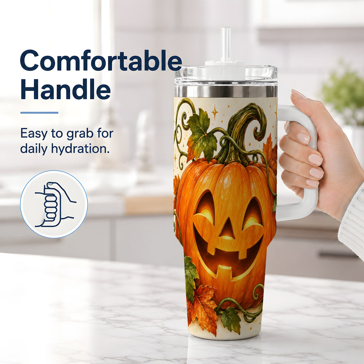 #pl[40oz|White] Jack-O-Lantern Pumpkin 40oz Tumbler, Stainless Steel Autumn Drinkware