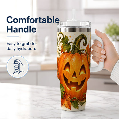 #pl[40oz|White] Jack-O-Lantern Pumpkin 40oz Tumbler, Stainless Steel Autumn Drinkware