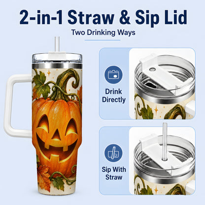 #pl[40oz|White] Jack-O-Lantern Pumpkin 40oz Tumbler, Stainless Steel Autumn Drinkware