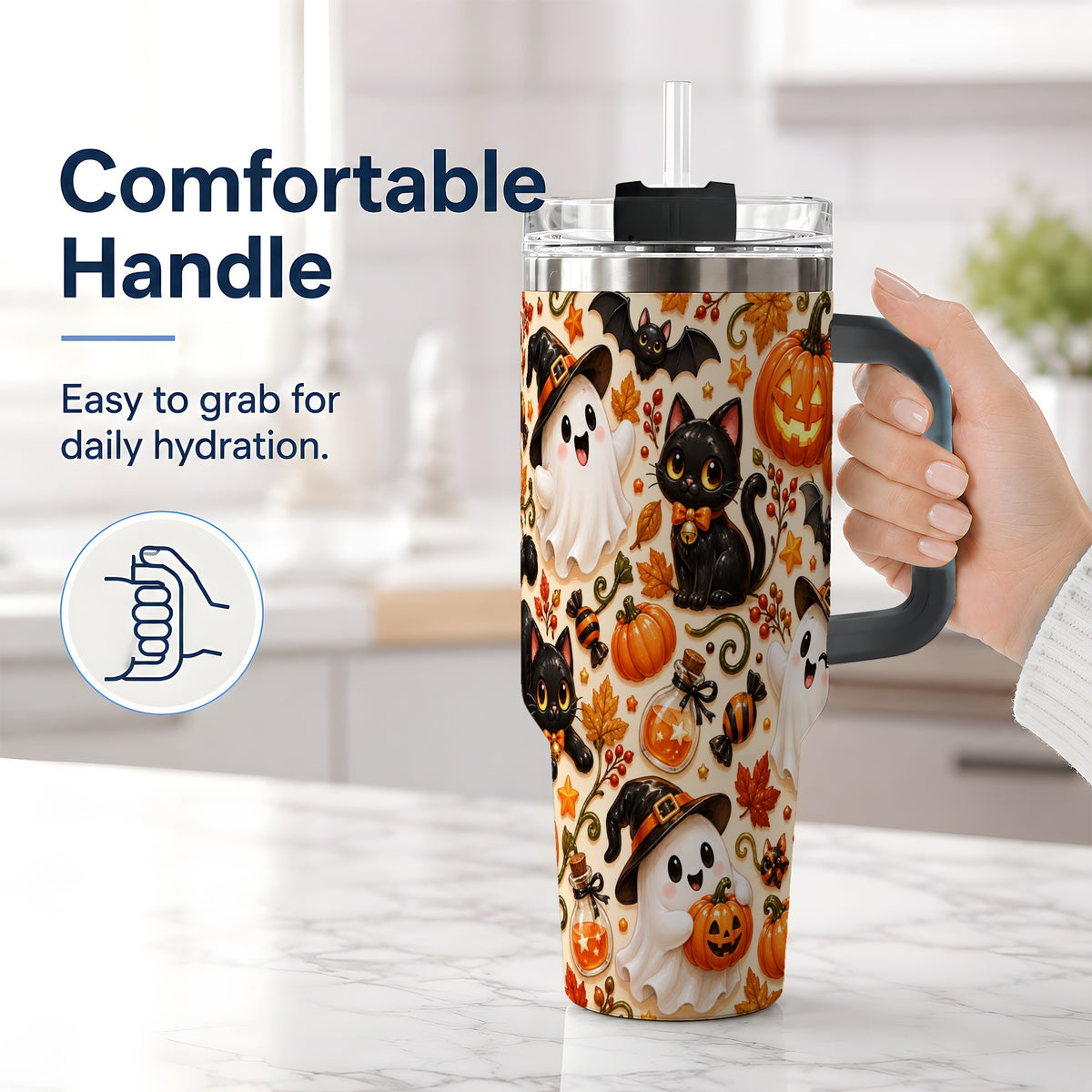 #pl[40oz|Black] Cute Halloween Cat Ghost 40oz Tumbler, Stainless Steel Pattern Drinkware