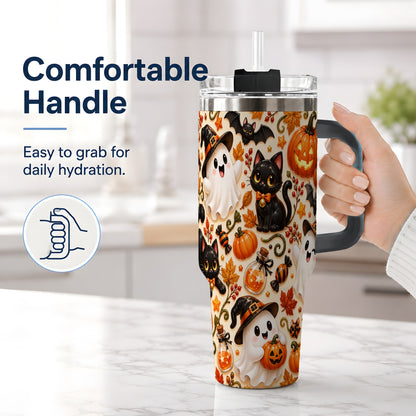 #pl[40oz|Black] Cute Halloween Cat Ghost 40oz Tumbler, Stainless Steel Pattern Drinkware