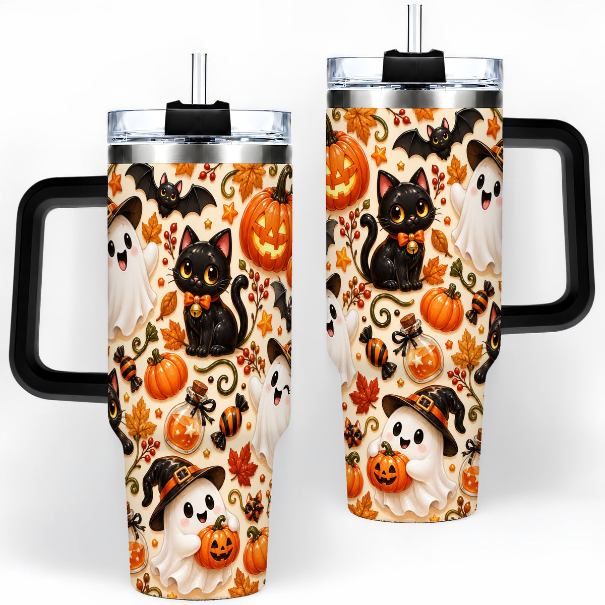 #pl[40oz|Black] Cute Halloween Cat Ghost 40oz Tumbler, Stainless Steel Pattern Drinkware