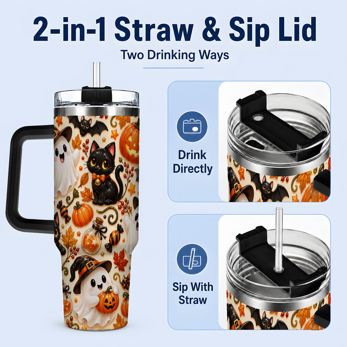 #pl[40oz|Black] Cute Halloween Cat Ghost 40oz Tumbler, Stainless Steel Pattern Drinkware