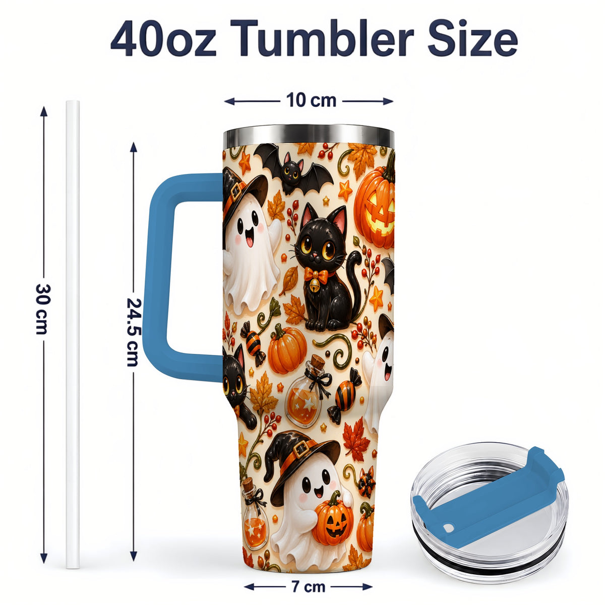 #pl[40oz|Blue] Cute Halloween Cat Ghost 40oz Tumbler, Stainless Steel Pattern Drinkware