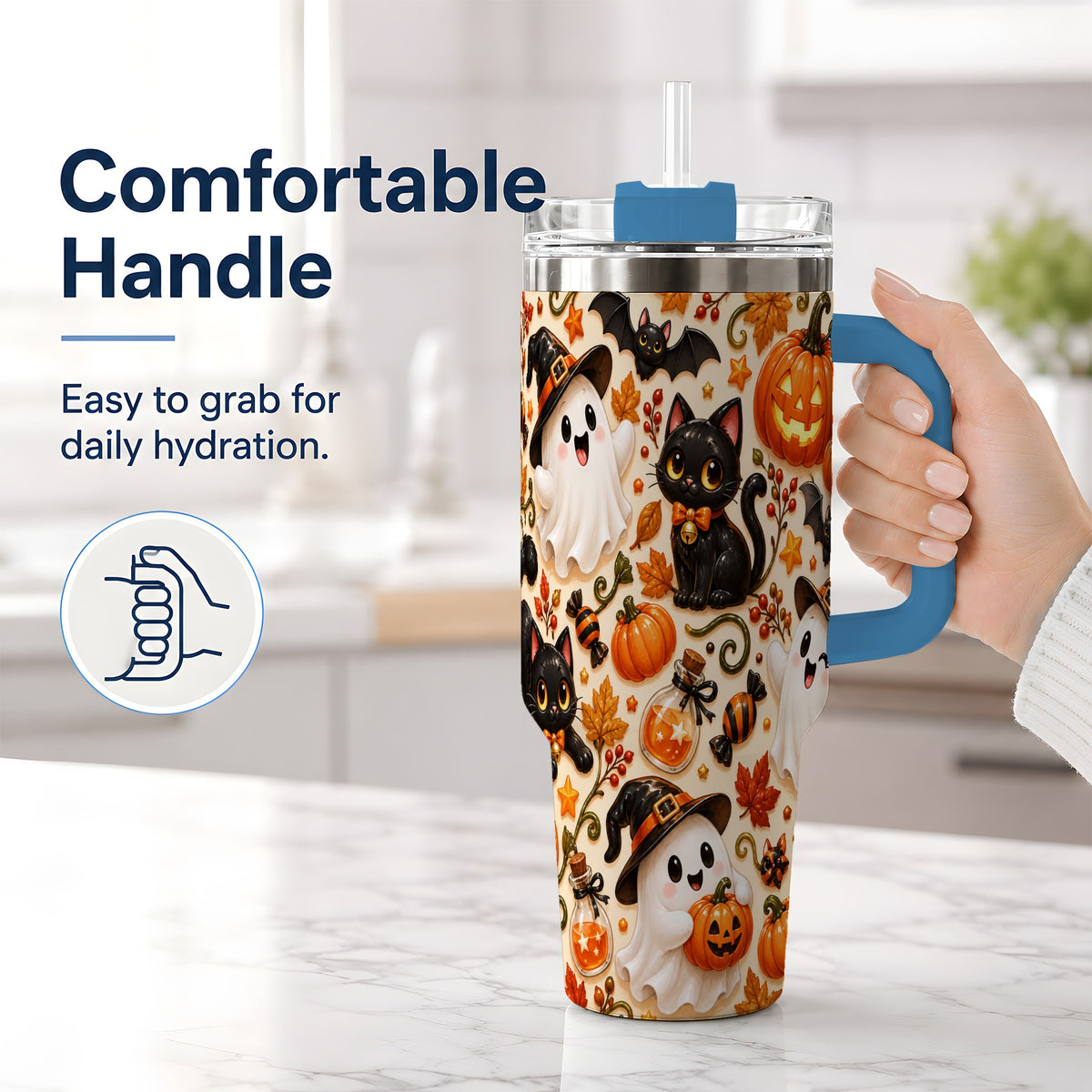 #pl[40oz|Blue] Cute Halloween Cat Ghost 40oz Tumbler, Stainless Steel Pattern Drinkware