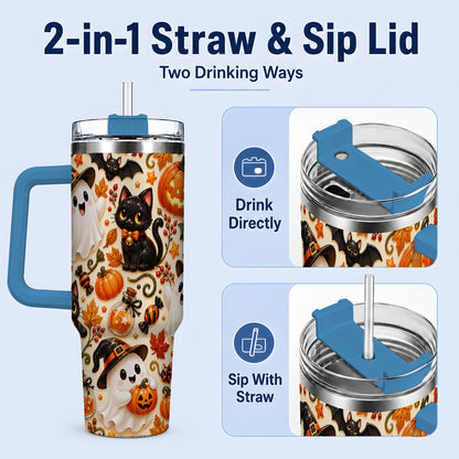 #pl[40oz|Blue] Cute Halloween Cat Ghost 40oz Tumbler, Stainless Steel Pattern Drinkware