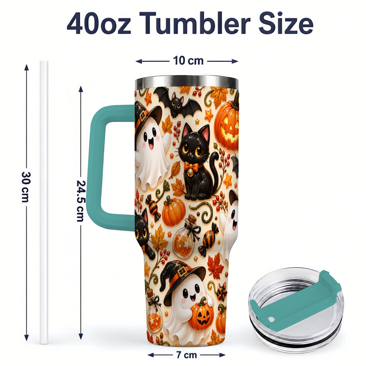 #pl[40oz|Green] Cute Halloween Cat Ghost 40oz Tumbler, Stainless Steel Pattern Drinkware