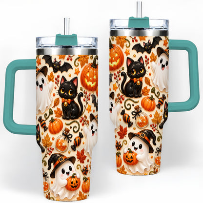 #pl[40oz|Green] Cute Halloween Cat Ghost 40oz Tumbler, Stainless Steel Pattern Drinkware