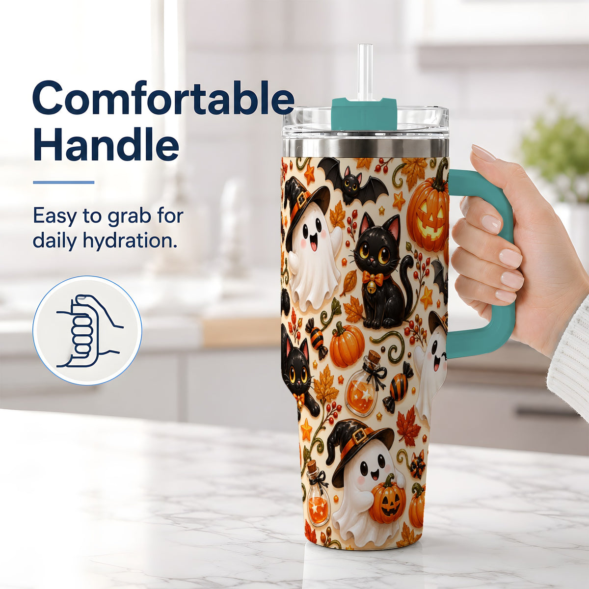 #pl[40oz|Green] Cute Halloween Cat Ghost 40oz Tumbler, Stainless Steel Pattern Drinkware