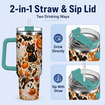 #pl[40oz|Green] Cute Halloween Cat Ghost 40oz Tumbler, Stainless Steel Pattern Drinkware