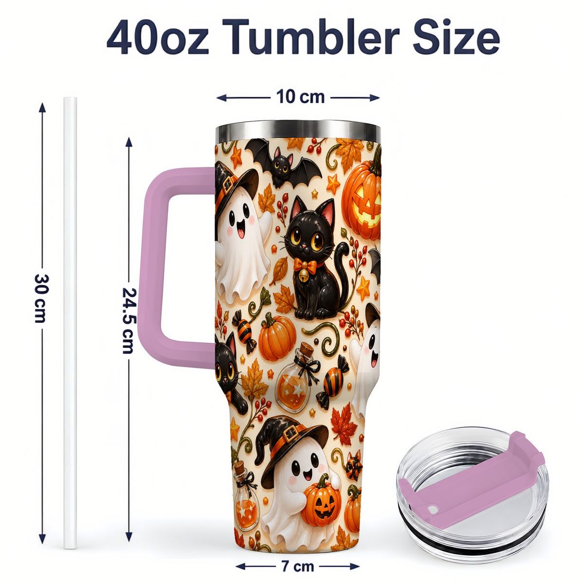 #pl[40oz|Pink] Cute Halloween Cat Ghost 40oz Tumbler, Stainless Steel Pattern Drinkware