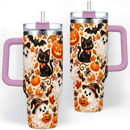 #pl[40oz|Pink] Cute Halloween Cat Ghost 40oz Tumbler, Stainless Steel Pattern Drinkware